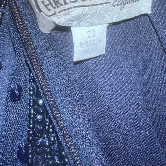 Cristina Wu Navy Beaded V-Neck Gown Size 20W Elegant Formal Dress Sheer Sleeves - Picture 10 of 13